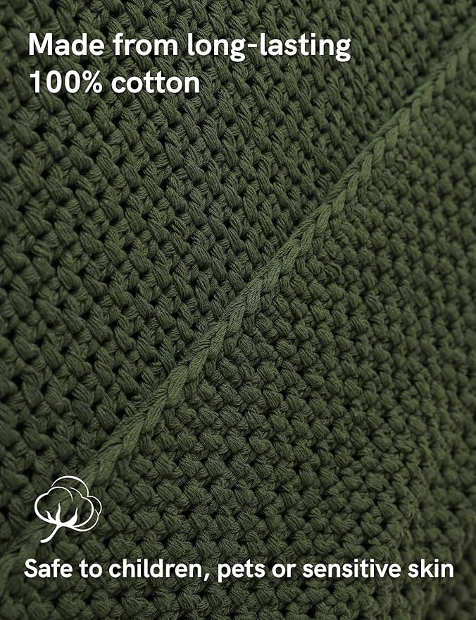YnM Chunky Cotton Knit Throw Blanket, Cable Knit Throws for Bed Couch Sofa, Comfy & Relaxing, Decorative Piece for Farmhouse Modern Boho Rustic Scandinavian Chic Vibe, Pine Green 50x60 Inches