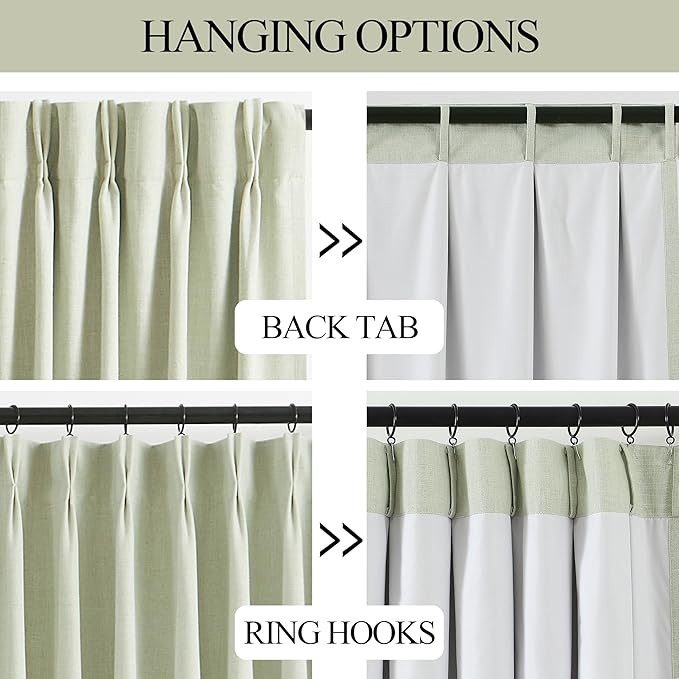 Vision Home Soft Green Pinch Pleated Full Blackout Curtains Linen Blended Room Darkening Curtain Panels 84 inch for Living Room Bedroom Thermal Insulated Pinch Pleat Drapes with Hooks 40" Wx84 Lx2