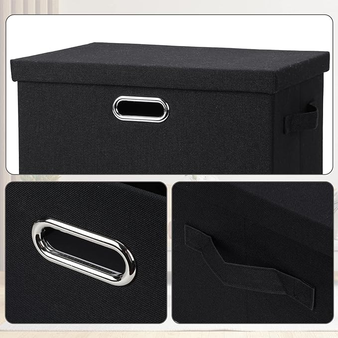 Large 17" 36 Quart Collapsible Stackable Storage Bins with Lids, 5 Packs Black Linen Fabric Closet Boxes with Lids, Storage Cube Baskets Container Organizers for Bedroom Office(17 x12 x11)