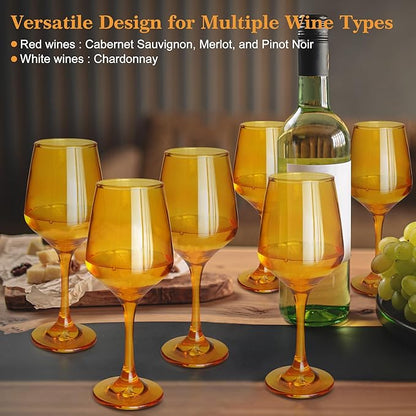 Amber Wine Glasses Set of 6-12oz Amber Long Stem Wine Glass Cups, Pretty Crystal Glassware, Hand Blown Goblets Drinkware, Unique Drinking Stemware Holiday Gift Set