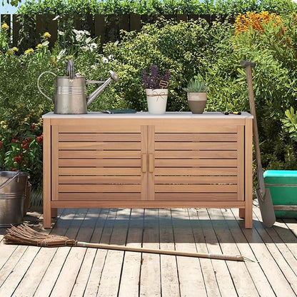 Goplus Patio Storage Cabinet, 2-Door Acacia Wood Storage Container with Faux Marble Top, Outdoor Wooden Sideboard for Deck, Garden, Lawn and Backyard
