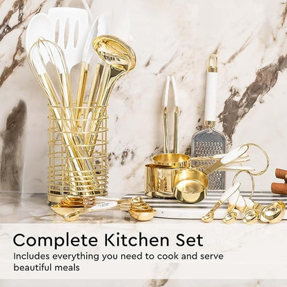 White and Gold Kitchen Utensils Set - 23-Piece Gold Kitchen Accessories Include Measuring Cups and Spoons Set, Silicone Utensils, and Utensil Holder for Baking, Cooking, and Stylish Kitchen Decor