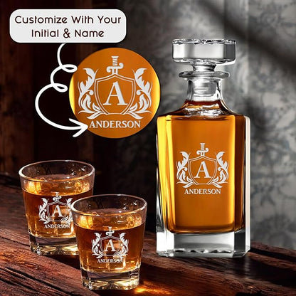 Personalized Square Whiskey Decanter Set for Men 750ml Luxury Gift for Valentine's, Birthdays, Anniversaries - Liquor Decanters with 2 or 4 Glasses Retirement, Weddings - 24 Engraved Design Options