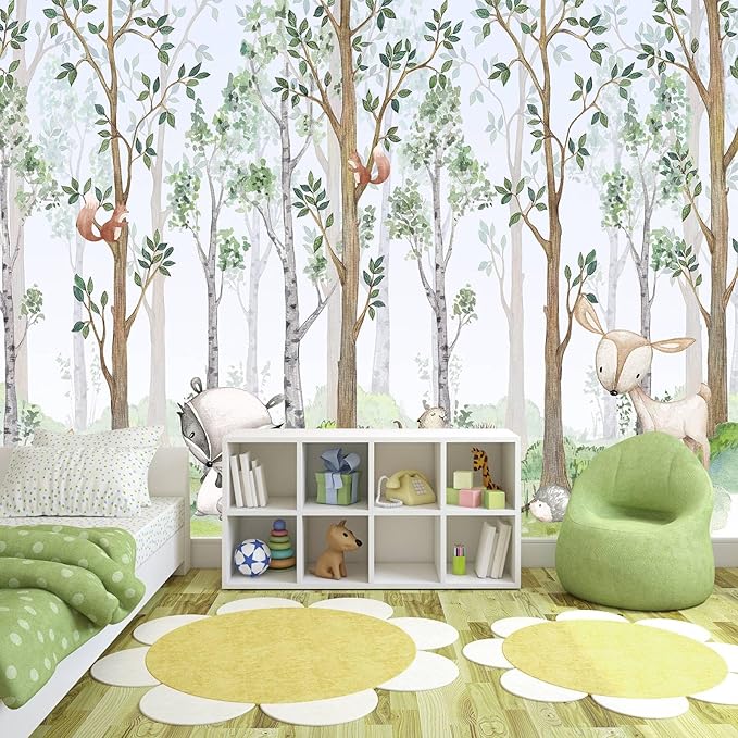 WFBHUA-Kids Wallpaper Watercolor Forest Cartoon Animals Wall Murals Suitable for Nursery Boys Girls Bedroom Room (Not Peel and Stick)