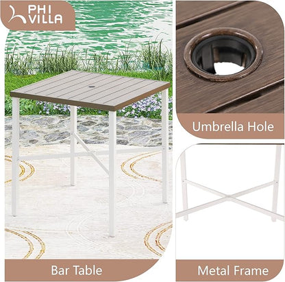 PHI VILLA Outdoor Bar Table, High Patio Table with Umbrella Hole, White Legs, Metal Frame, Sturdy & Durable for Outdoor & Indoor