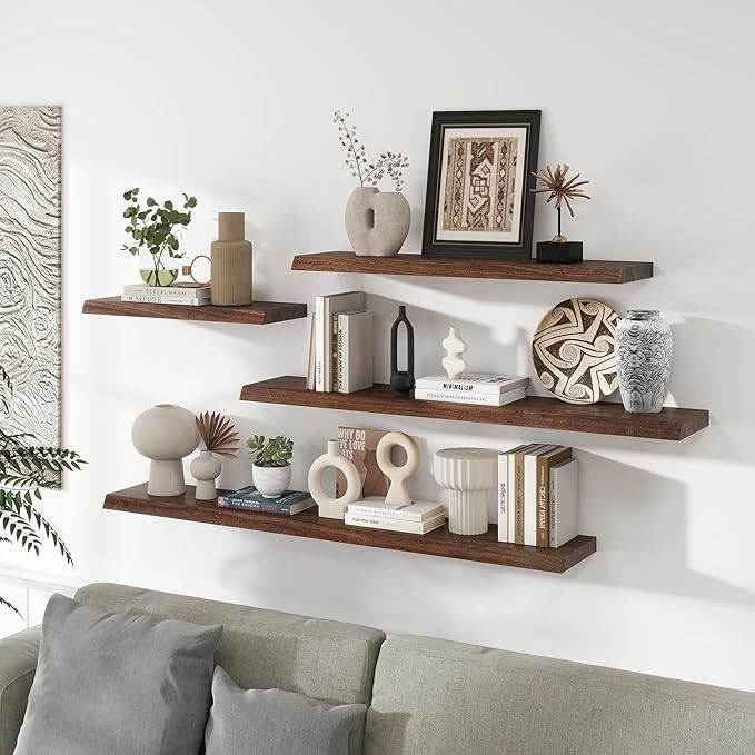 RICHFOCUS Live Edge Elm Floating Shelves - 24" W x 9.3" D Rustic Solid Wood Wall Shelves with Invisible Bracket, Wall-Mounted for Living Room, Bedroom, Kitchen Storage & Display, Set of 2, Walnut