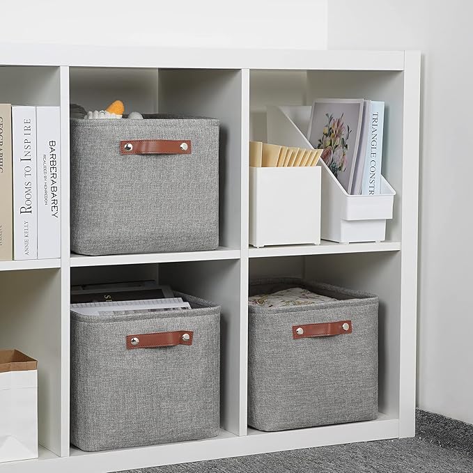 DULLEMELO Medium Storage Baskets for Organizing, Rectangular Fabric Storage Bins Collapsible, Perfect for Shelves, Closets, Nursery, Home, Office, Empty Gift Baskets (3-Pack,Grey)
