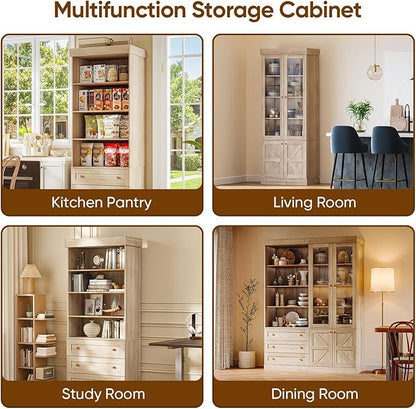 Vyre 71" Tall Farmhouse Bookshelves with Glass Doors and Drawers, Set of 2 – Large Modular Bookcase with Adjustable Shelves, Storage Cabinet for Living Room, Kitchen, Brown