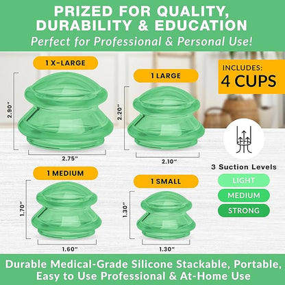 Silicone Cupping Therapy Set Professional Massage Cupping Cups for Cupping Therapy 4 Cup Kit for Massage, Myofascial Release, Cellulite Reduction (Lure Green)
