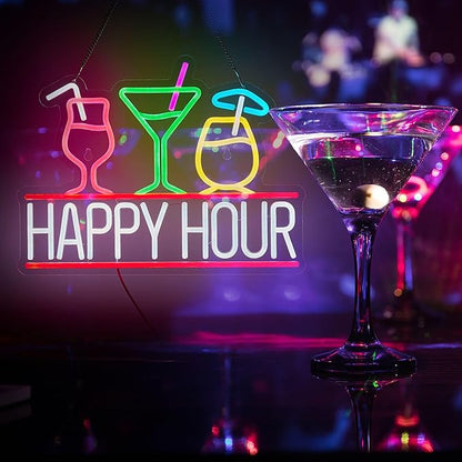 Happy Hour Neon Sign for Wall Decor Beer Bar Signs, USB Powered Dimmable LED Art Lights for Bar Pub Man Cave Party Club