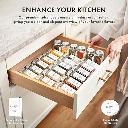 Glass Spice Jars with Label and Stainless Steel Lids (24 x 4oz) Spice Containers with 240 Labels, Shaker Inserts, Steel Funnel, Empty Square Empty Square Seasoning Organizer (White)