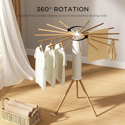 Tripod Clothes Drying Rack, Garment Rack Portable and Foldable Space Saving Laundry Drying Rack - Dryer Rack Clothing Floor Folding Balcony Bedroom Household (Beige(Wood), 16 rods)