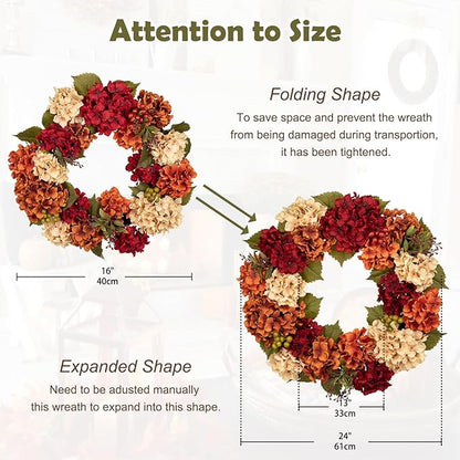 Fall Wreaths for Front Door, 24 inch Autumn Wreath with Hydrangeas Berries Large Fall Door Wreath Artificial Hydrangea Flowers Wreaths Autumn Decorations for Farmhouse Thanksgiving Harvest Door Wall