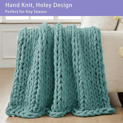 Bigacogo Chunky Knit Throw Blanket for Couch, 40x40 inches, 100% Hand Knitted with Thick Jumbo Chenille Yarn, Cozy Soft Large Rope Knot Cable Crochet Blankets for Sofa Bed Living Room, Light Teal