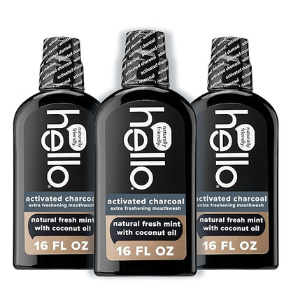 Hello Activated Charcoal Extra Freshening Mouthwash, Natural Fresh Mint and Coconut Oil, Fluoride Free, Alcohol Free, Vegan, SLS Free and Gluten Free, 16 Fl Oz (Pack of 3)