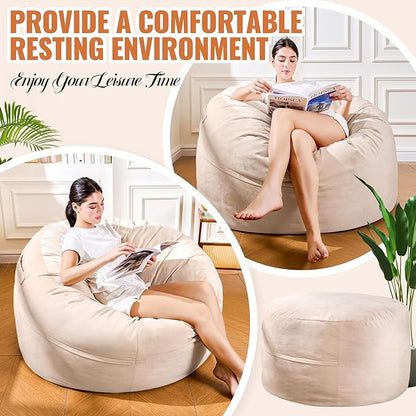 4FT Bean Bag Chair: Bean Bag with Velvet Cover, Fluffy and Comfy Bean Bag Chairs for Adults and Kids, Bean Bag Sofa Filled with High-Density Sponge for Gaming (Yellowish Beige)