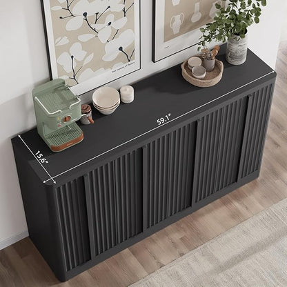 Fluted Buffet Cabinet with Storage, 60" Sideboard Buffet Storage Cabinet with 4 Doors & Adjustable Shelves, Wood Coffee Bar Credenza Accent Cabinet for Kitchen, Dining Room, Living Room, Black(1PCS)