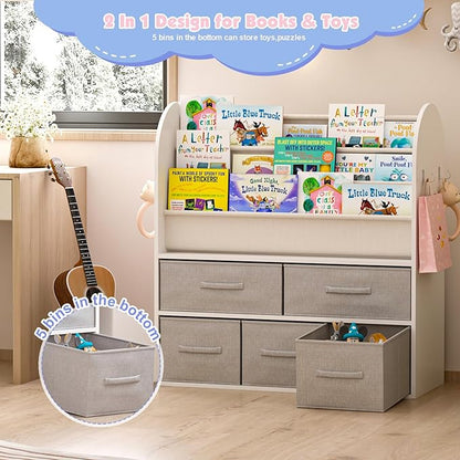 NACHES Kids Bookshelf and Toy Storage Bins, Children Bookcase Toddler Book Display Cabinet with 5 Toy Organizer Boxes for Playroom,Reading Room,Toddler Room,Nursery,Classroom