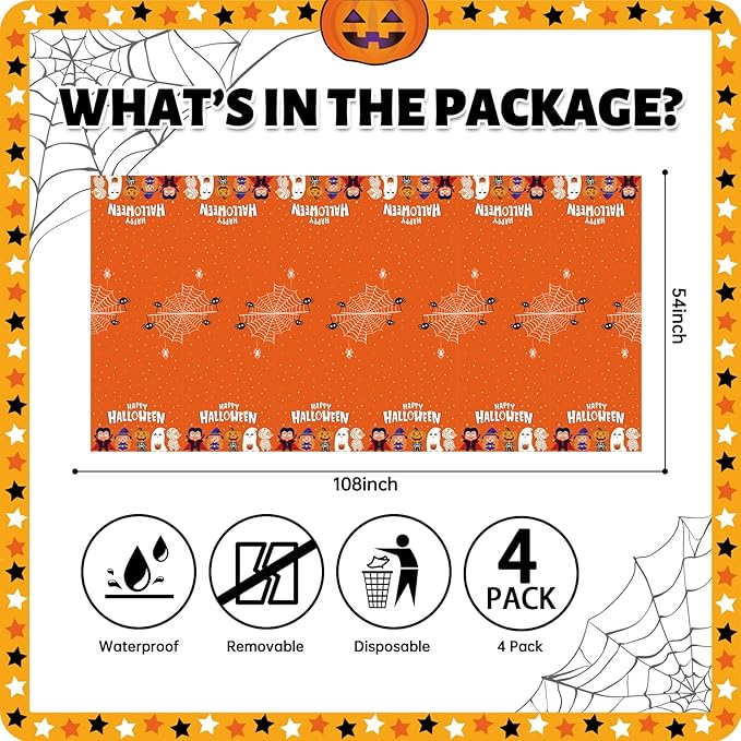 ATFUNSHOP 4 Packs Halloween Tablecloth Disposable Table Cover 54X108 Halloween Decorations KidsBirthday Party Decor, Spooky Spider Web Waterproof Spillproof Table Cloth - Perfect for Dinner