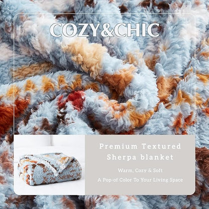 CASAAGUSTO Boho Sherpa Throw Blanket, Aztec King Size Blanket, Ultra Soft, Warm, Cozy, Plush, Thick Fleece Bohemian Throw Blanket for Couch, Bed, Sofa (Blue Grey 108 * 90 Inch)