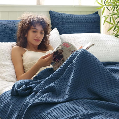 PHF Ultra Soft Waffle Weave Blanket Queen Size 90"x 90"- Washed Lightweight Breathablee Cozy Woven Blanket - Great for Couch Bed Sofa Home Car - Navy Blue