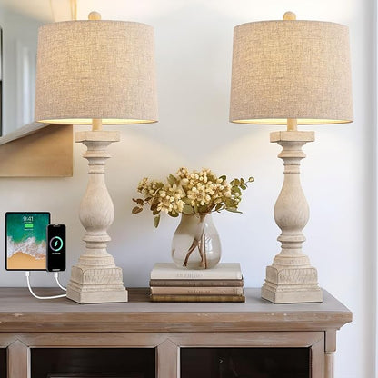 BOBOMOMO 27" Table Lamp with USB C+A Charging Ports Set of 2 Antique Nightstand Lamp for Bedroom Living Room Farmhouse Office Retro Rustic Resin Bedside Desk Lamps Washed White