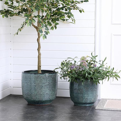 LuxenHome 12" Dia Large Ceramic Pots for Plants, Modern Green Glazed Planters for Outdoor Plants, Round Indoor Flower Pots with Drainage Hole and Rubber Plug for Home Garden Patio