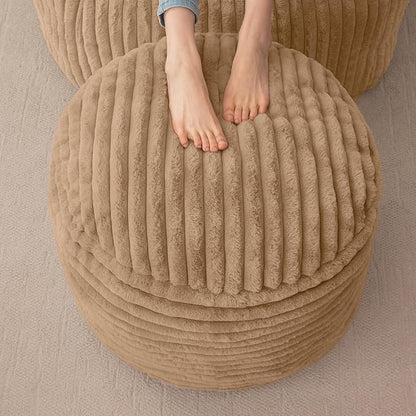 HIGOGOGO Round Stuffed Pouf Ottoman, Stripe Faux Fur Poufs with Foam Chunk Filling, Furry and Fluffy Pouf Foot Stool Storage Ottoman, 26 X 18 Floor Poufs Foot Rest for Living Room, Brown