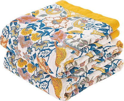 Boho Blanket Throw Quilt, 100% Cotton Soft Light Weight Throw Blankets for Summer, 90"x98" Farmhouse Flower Decorative Blankets, All Season Rustic Reversible Bohemian Throw Quilt