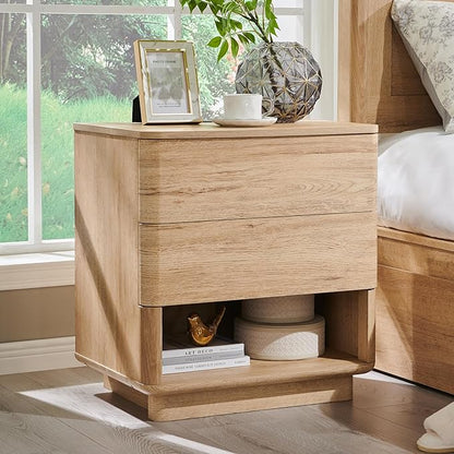 Nightstand with Charging Station, 22" Push-to-Open Bedside Table with 2 Storage Drawers, Large Modern End Table for Bedroom,Living Room,Natural Oak