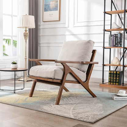 Wahson Mid Century Armchair, Accent Armchair, with Wood Frame and Canvas Cushions, Leisure Slipper Chair for Living Room/Bedroom, Beige