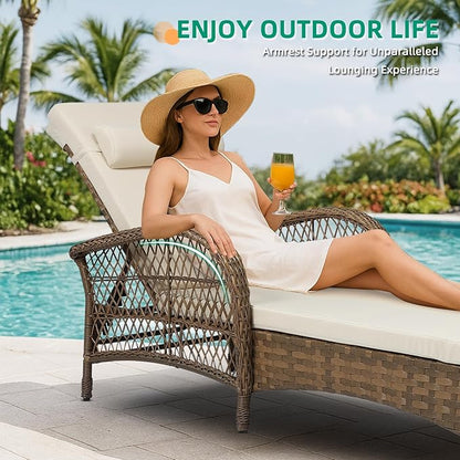VIVIJASON Outdoor Wicker Chaise Lounge Chair, All-Weather PE Rattan Cushioned Patio Lounger Set with Side Table, 6-Position Adjustable Outside Pool Sunbathing Recliner with Armrest & Pillow, Beige