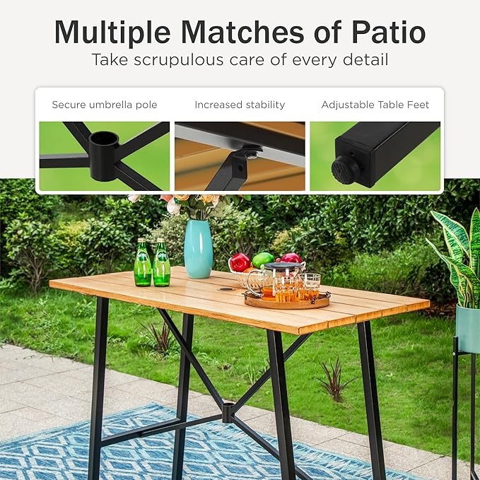 PHI VILLA Bar Height Patio Dining Table, 41" Wood Like Outdoor Bar Table, Rectangle Steel Slatted Bar Dining Table with 1.57" Umbrella Hole for Patio, Garden, Yard, Yellow
