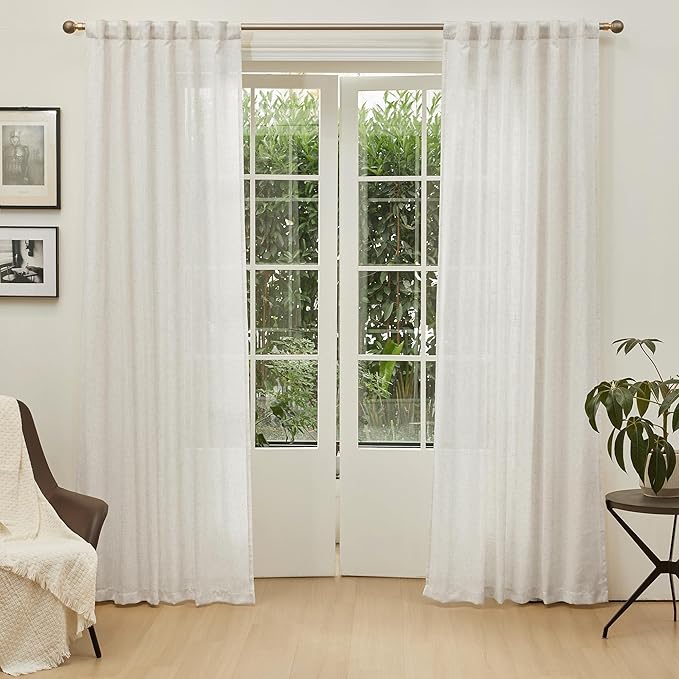 MYSKY HOME Linen Curtains for Living Room, Natural Semi Sheer Curtains & Drapes 84 inches Length 2 Panels Set Farmhouse Country Boho Style Back Tab Draperies for Sliding Glass Door, 50" Wide, Linen