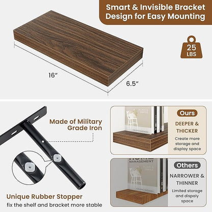 fuqing Floating Shelves for Wall, Bathroom Shelf Wall Mounted for Storage, Shelves with Invisible Bracket for Bedroom, Kitchen, Living Room, Farmhouse Small Book Shelf, 16 Inch Set of 2, Walnut