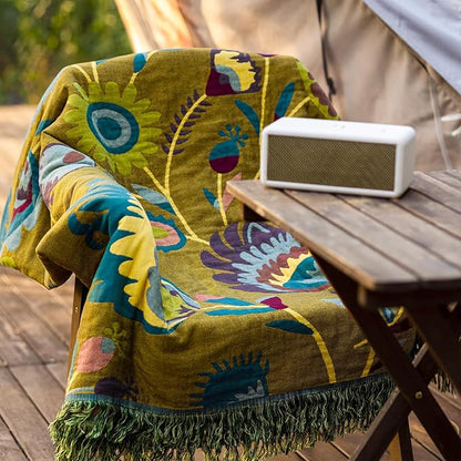 Snycler Boho Throw Blanket for Bed, 100% Organic Cotton Muslin Soft Throw-Yellow Boho Floral Farmhouse Rustic Spring Summer Fall Decor Blanket for Couch Sofa Quilt and Gift, 80" x 90"