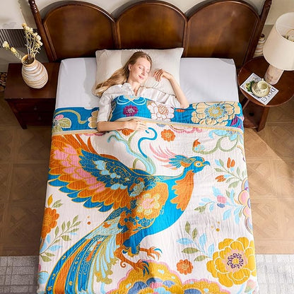 Boho Throw Blanket, Lightweight Blankets for Summer, 100% Cotton Bohemian Decorative Throw Blanket, 60"x80" Reversible Muslin Breathable Woven Farmhouse Blankets Quilt,
