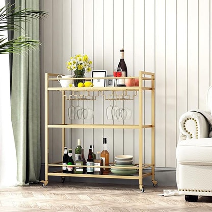 Glass Gold Bar Carts for Home with Hanging Wine Rack - Home Bar Serving Cart with 3 Mirrored Shelves, Kitchen Bar Carts, Wine Cart for Entertaining, Club Party.