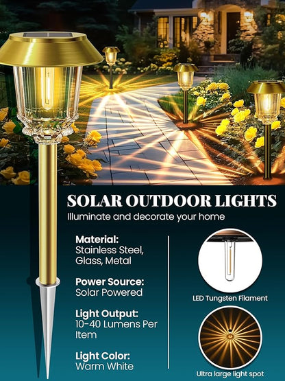 Solar Lights Outdoor Waterproof,4 Pack Gold Pathway Lights with 10-40 LM Dimmable Glass and Metal, Solar Powered Garden Decor for Yard,Patio,Pathway,Driveway Fall Decoration(Warm White)
