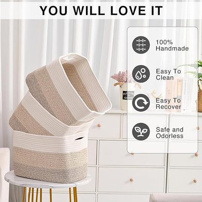 Storage Baskets for Organizing Shelves, Woven Cotton Rope Bins for Baby Nursery Organization, Book Toy Towel Organizer, 15"x11"x9.5", 3 Packs, Gradient Brown