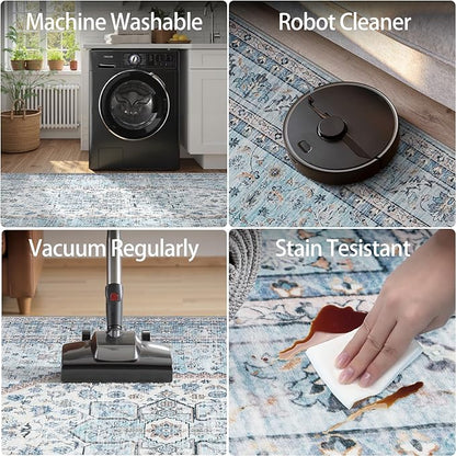 DCX Machine Washable Blue and Beige Area Rugs 5x7, Non Slip Stain Resistant Vintage Floral Rug for Living Room Bedroom Nursery, Soft Low Pile Large Carpet
