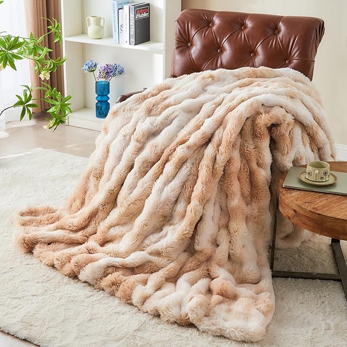 RYNGHIPY Faux Rabbit Fur Bed Throws Fluffy Warm Throw Blanket for Sofa Couch Soft Plush Decorative Blanket Thick and Heavy Cute Bubble Furry Blanket (Light Tan, 51''x63'')