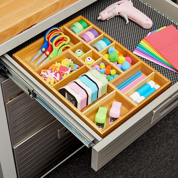 Juvale Drawer Organizer Tray - 14 x 10 x 2 In Brown Bamboo - 8 Adjustable Dividers for Custom Storage - Silverware & Utensil Organizer - Desk Drawer Divider - Versatile Wooden Divided Tray