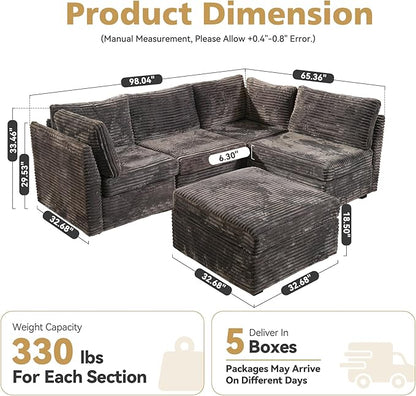 Modular Sectional Sofa, 130.7" L Shaped Couch Set for Living Room, 4-Seater Comfy Cloud Couches with Movable Ottoman, DIY Combination, Plush Corduroy, Gray