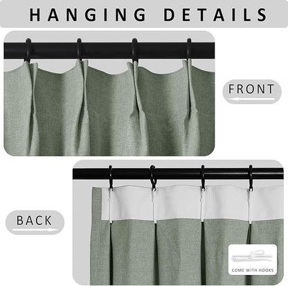 Macochico Pinch Pleated Blackout Curtains 102 Inches Long 100% Light Blocking Fog Green Linen Drapes for Bedroom Living Room Farmhouse Shabby Chic Burlap Curtains with Tieback 72”Wx102”L 1 Panel