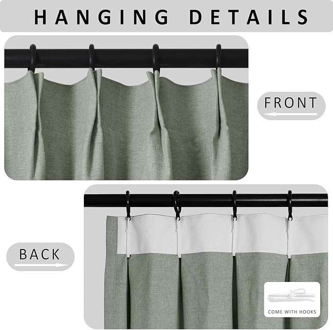 Macochico 52”Wx96”L 100% Blackout Curtains for Bedroom Living Room Nursery Fog Green Pinch Pleated Linen Curtains Farmhouse Burlap Drapes Thermal Window Panels with Hooks and Tieback 1 Panel