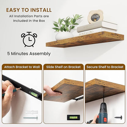 Fun Memories 40" Rustic Wood Floating Shelves with Invisible Brackets for Storage & Decor, Deep Wall Mounted Shelves for Bathroom, Kitchen, Living Room (Brown,Set of 2)