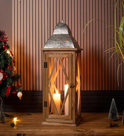 Large Farmhouse Wooden Metal Lantern Set of 2, Rustic Decorative Floor Candle Lanterns, Indoor/Outdoor Hanging Lanterns for Home Decor (No Glass)