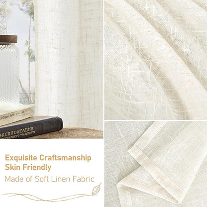 LAMIT Cream Linen Curtains 80 inches Long 2 Panels Set, Sheer White Light Filtering Neutral Drapes with Bronze Grommet for Bedroom/Living Room, 52 x 80 Inch