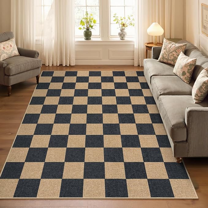 Lahome Checkered Easy Jute Area Rug, 5x7 Outdoor Patio Rug Washable Carpet for Living Room Checkerboard Indoor Outdoor Carpet, Farmhouse Geometric Non Slip Black Mat for Backyard Dining Room
